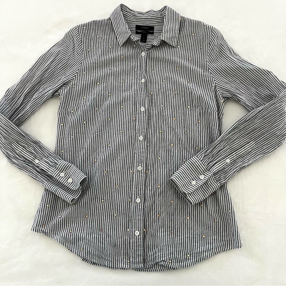 J. Crew Embellished Rhinestone Striped Perfect Button Down Shirt, Size 4 NWOT - Picture 8 of 11